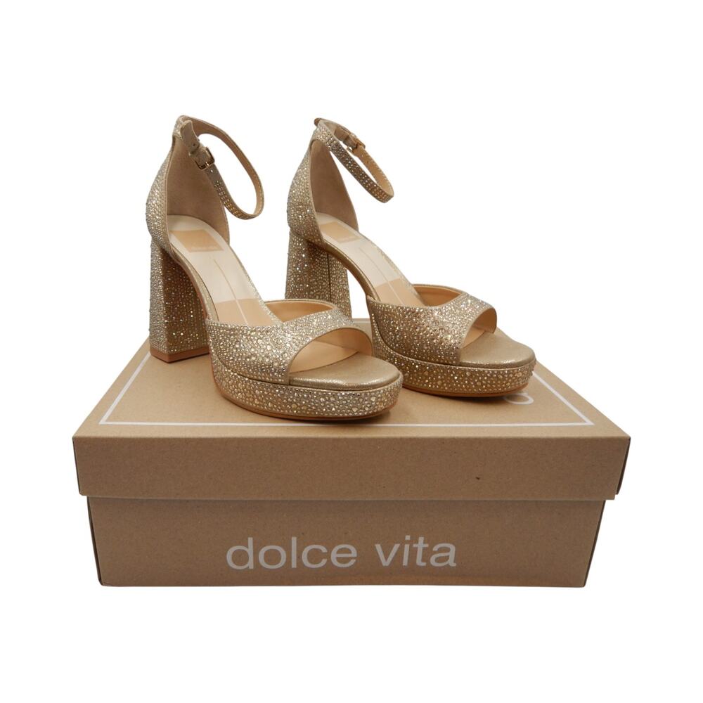 Dolce Vita Pandro Crystal Embellished Block Heel Platform Sandals Light Gold 6